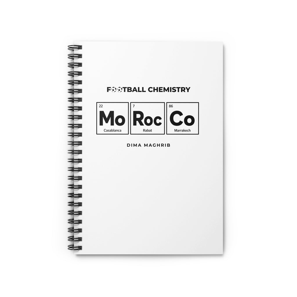 Spiral notebook cover with "Football Chemistry" and elements for Casablanca, Rabat, Marrakech.