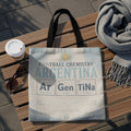 Tote bag with "Football Chemistry Argentina" design featuring atomic elements and city names.
