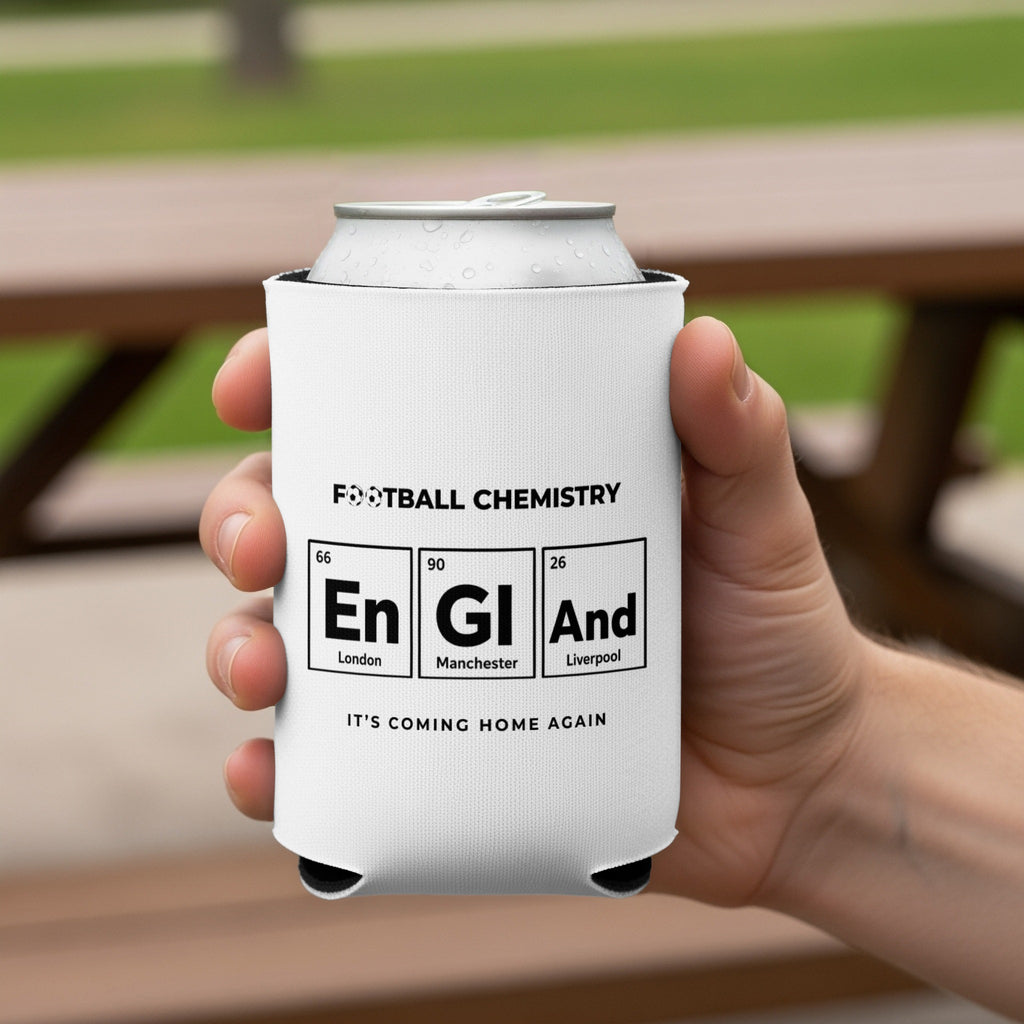 Football Chemistry can cooler with "England 90 26" and team locations.