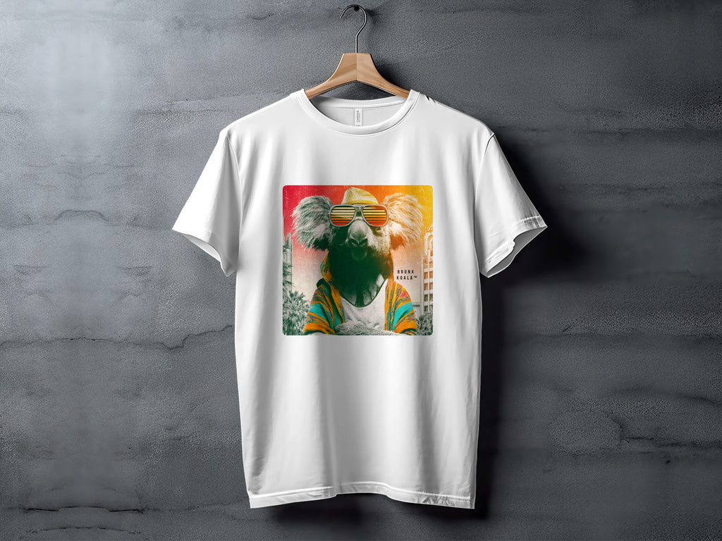White t-shirt featuring a graphic of a koala wearing sunglasses and a colorful jacket.