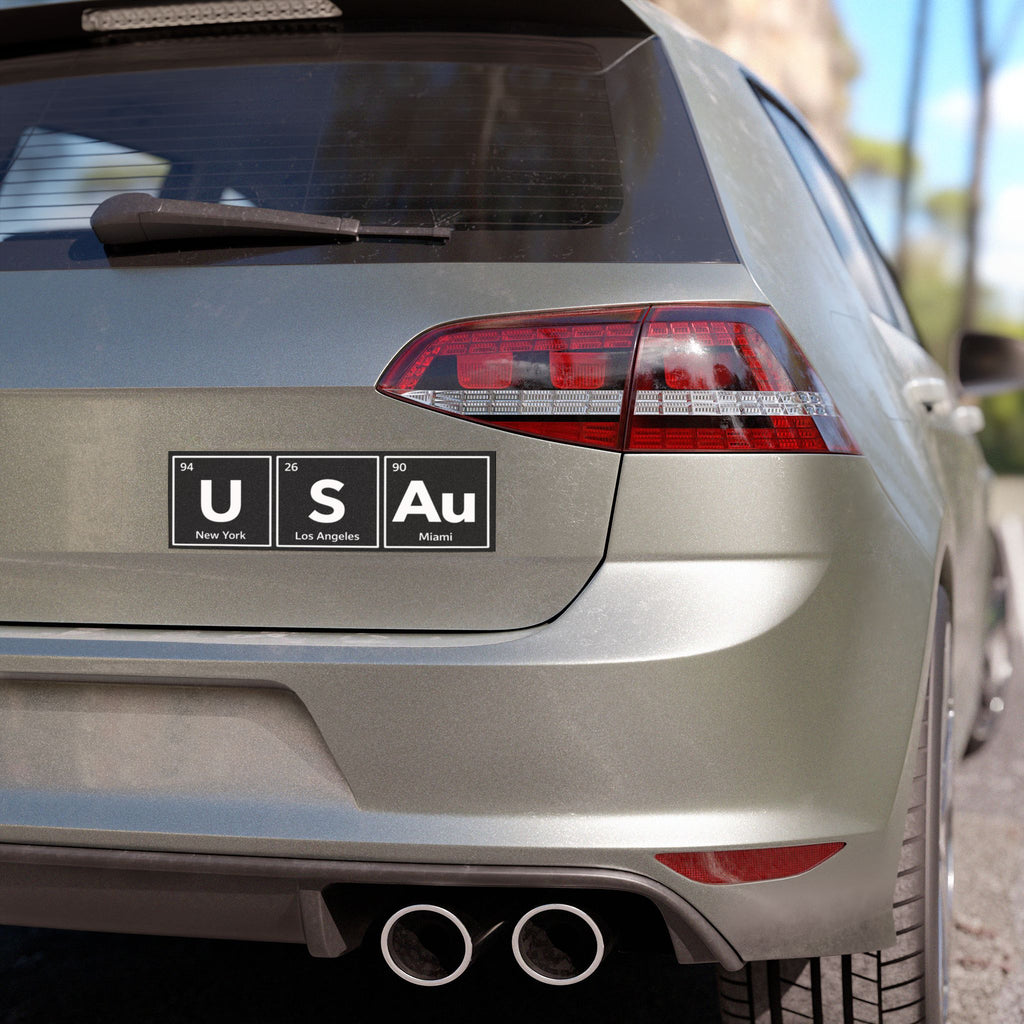 License plate with "New York" "Los Angeles" "Miami" and "Au" element symbol.