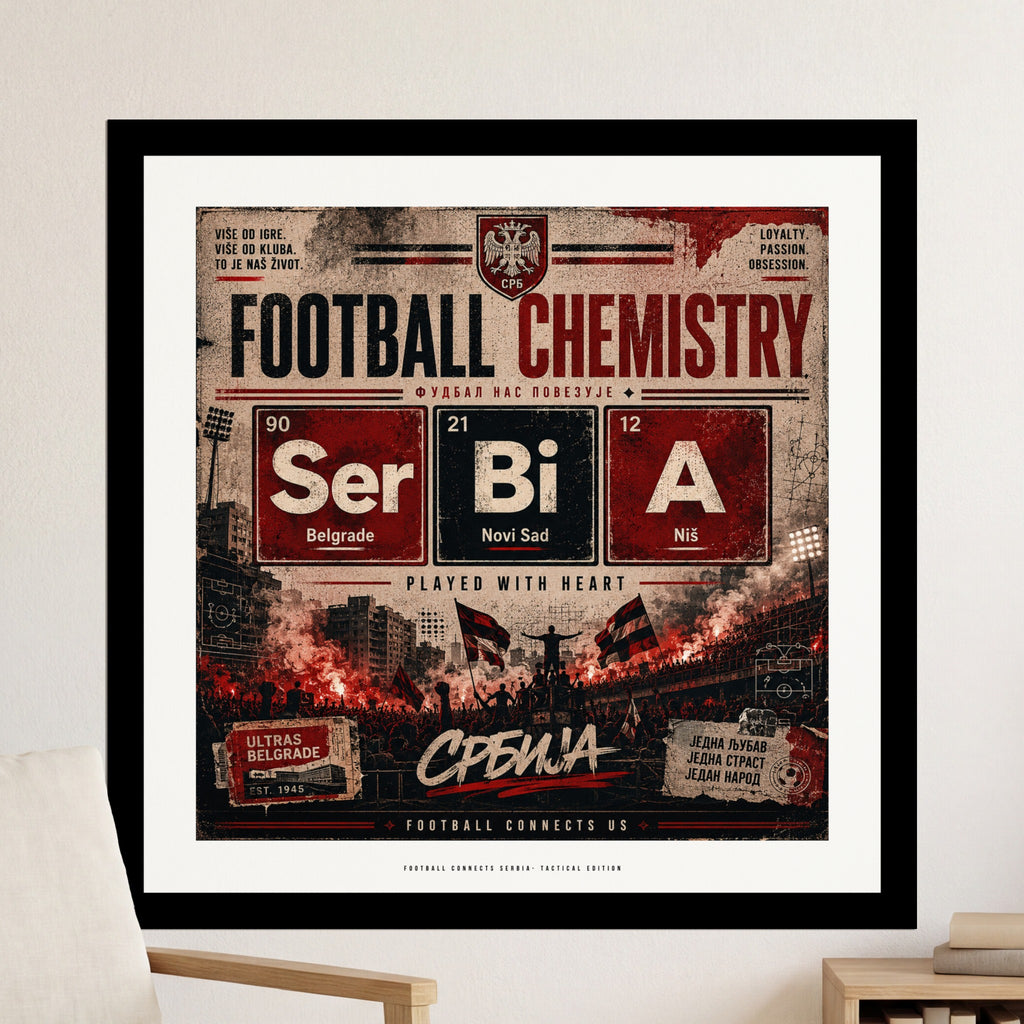 Football Chemistry design with Serbia flag, elements, and city names.