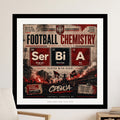 Football Chemistry design with Serbia flag, elements, and city names.