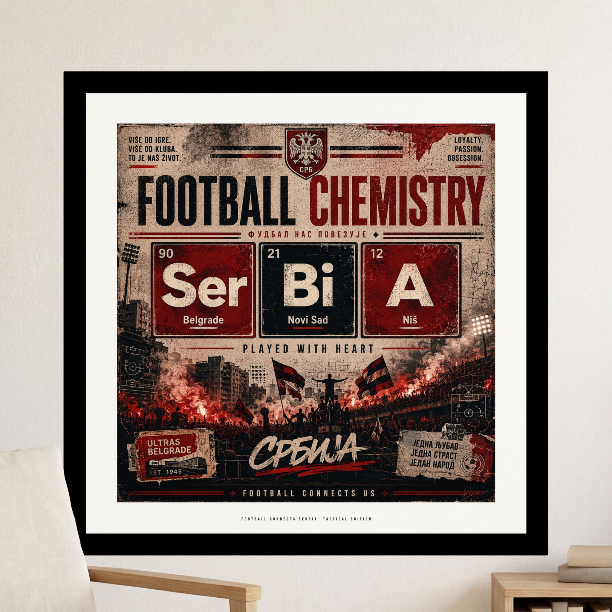 Football Chemistry design with Serbia flag, elements, and city names.