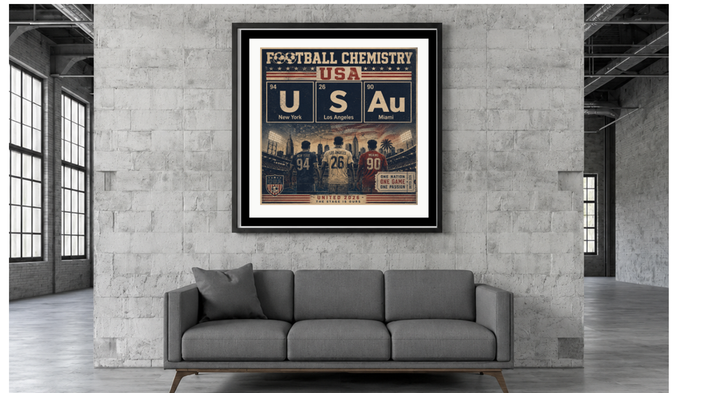 Poster with "Football Chemistry USA" theme, featuring US states, cities, and atomic symbols.