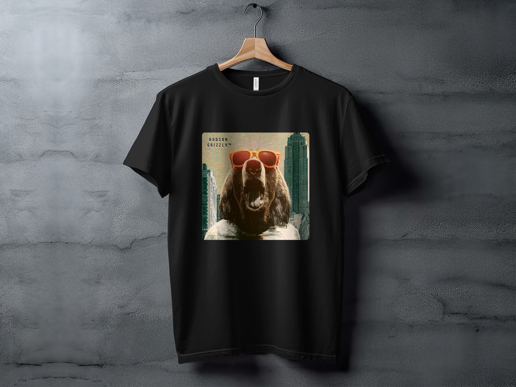 Black t-shirt with "Hudson Grizzly" text and a bear wearing sunglasses.