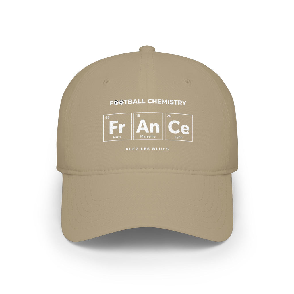 Tan baseball cap with "FOOTBALL CHEMISTRY" and "Fr An Ce" periodic table elements.