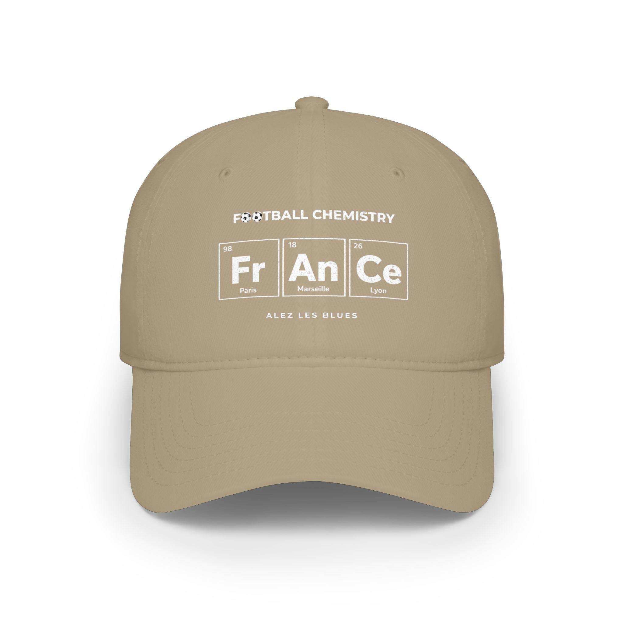 Tan baseball cap with "FOOTBALL CHEMISTRY" and "Fr An Ce" periodic table elements.