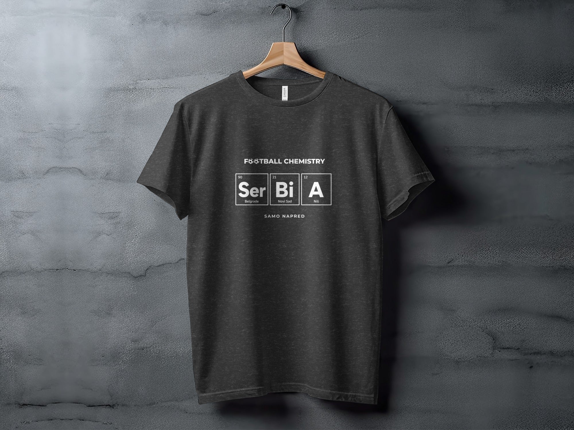 Dark grey t-shirt with "Football Chemistry Ser Bi A" and city names.