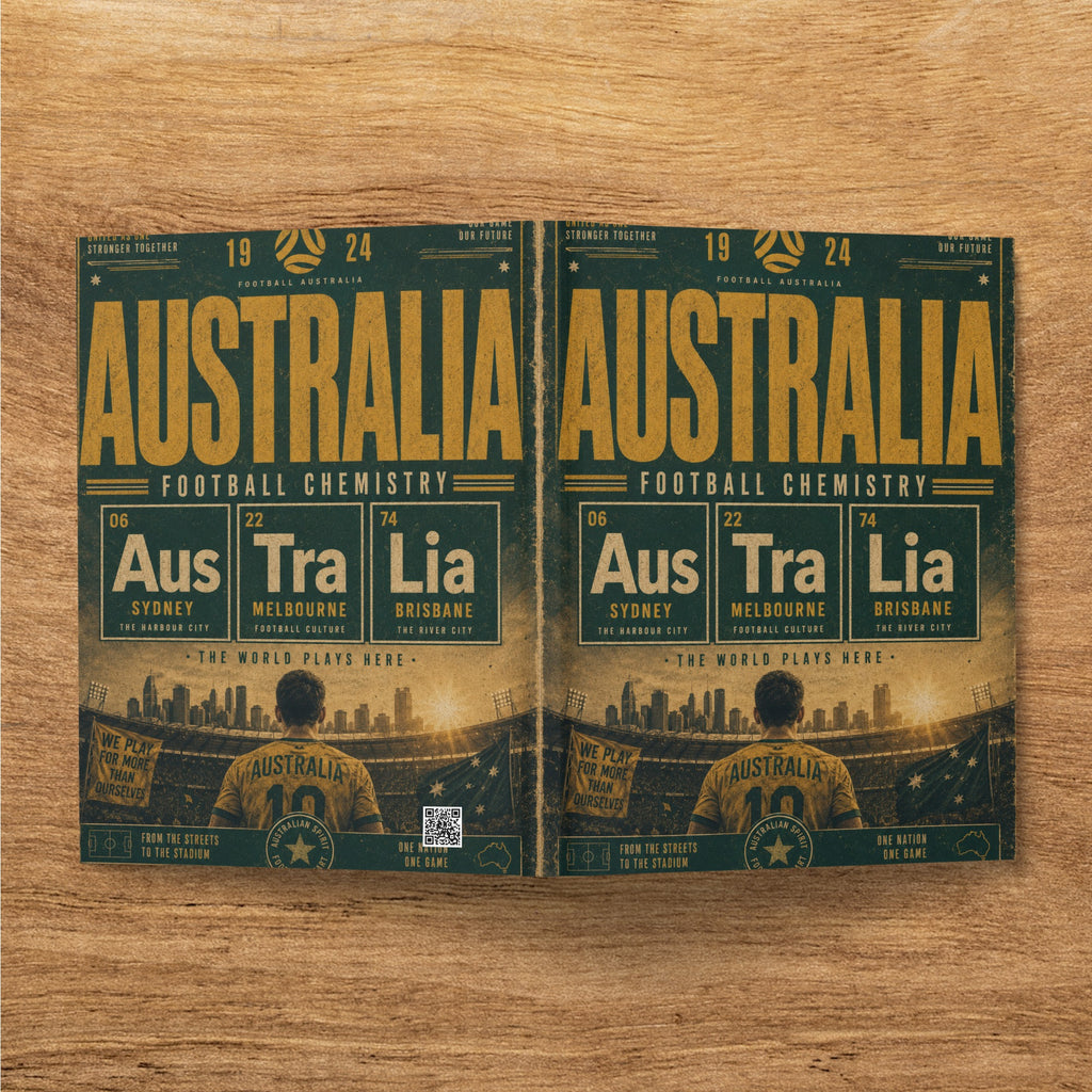 Two Australian Football posters with "Football Australia" and city names.
