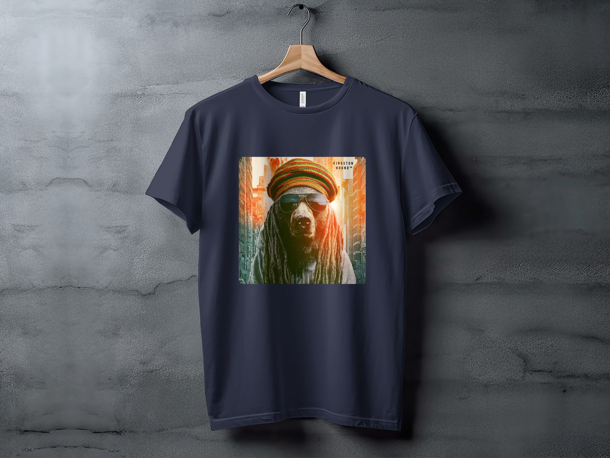 Navy t-shirt featuring a cool dog wearing sunglasses and a beanie.