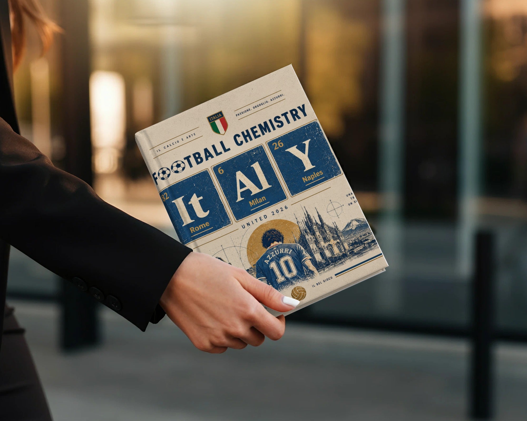 Book cover for "Football Chemistry" featuring Italy soccer team and city names.