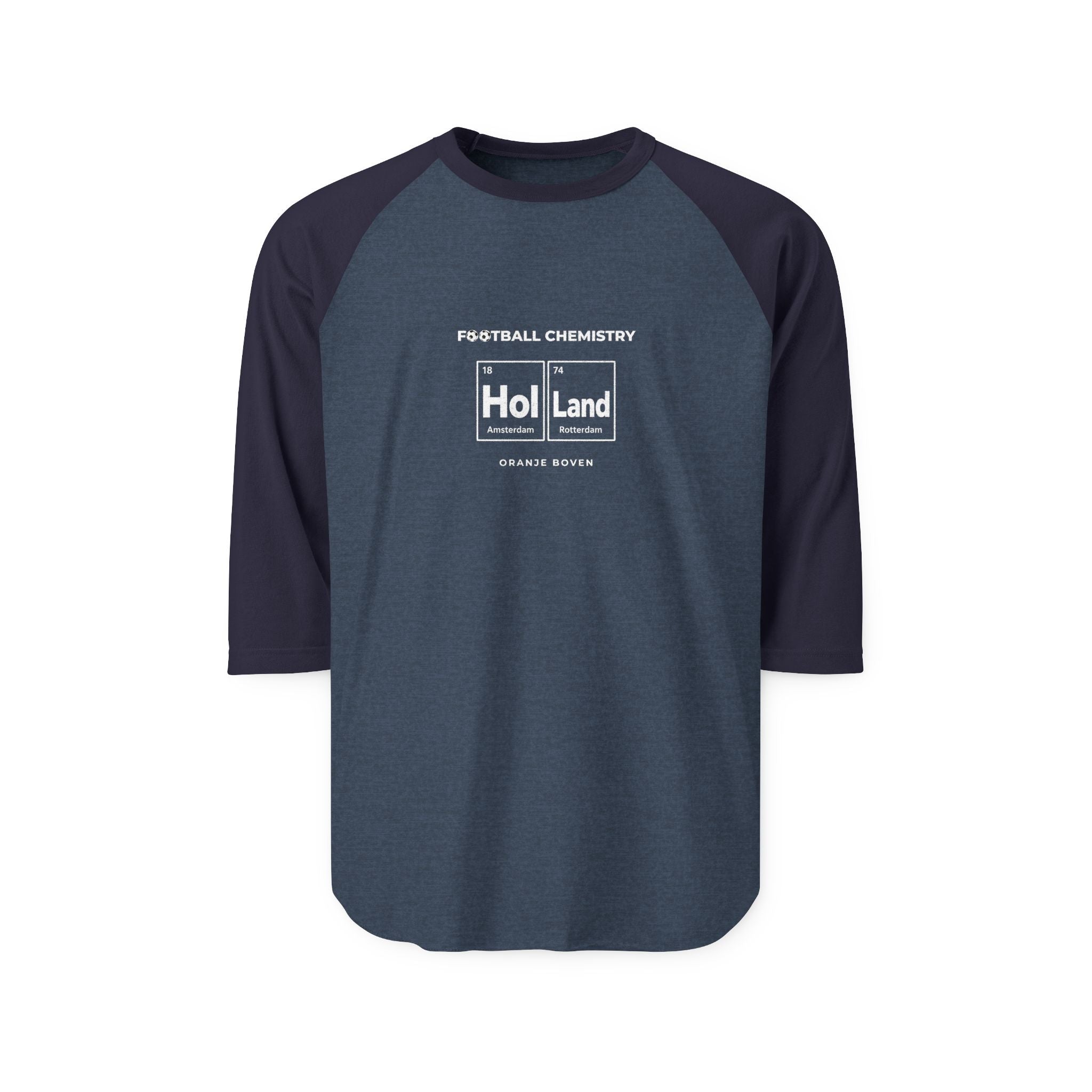 Raglan sleeve t-shirt with "FOOTBALL CHEMISTRY HOL Land" text and Dutch cities.
