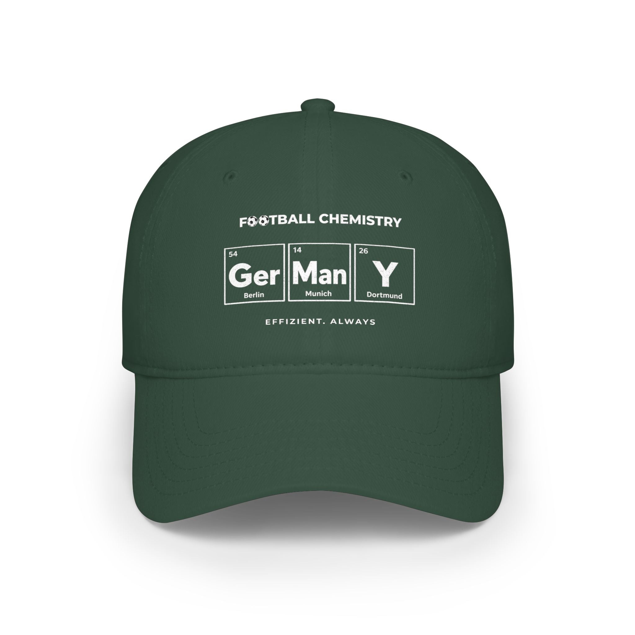 Green baseball cap with "FOOTBALL CHEMISTRY" and "Ger Man Y" chemical symbols.