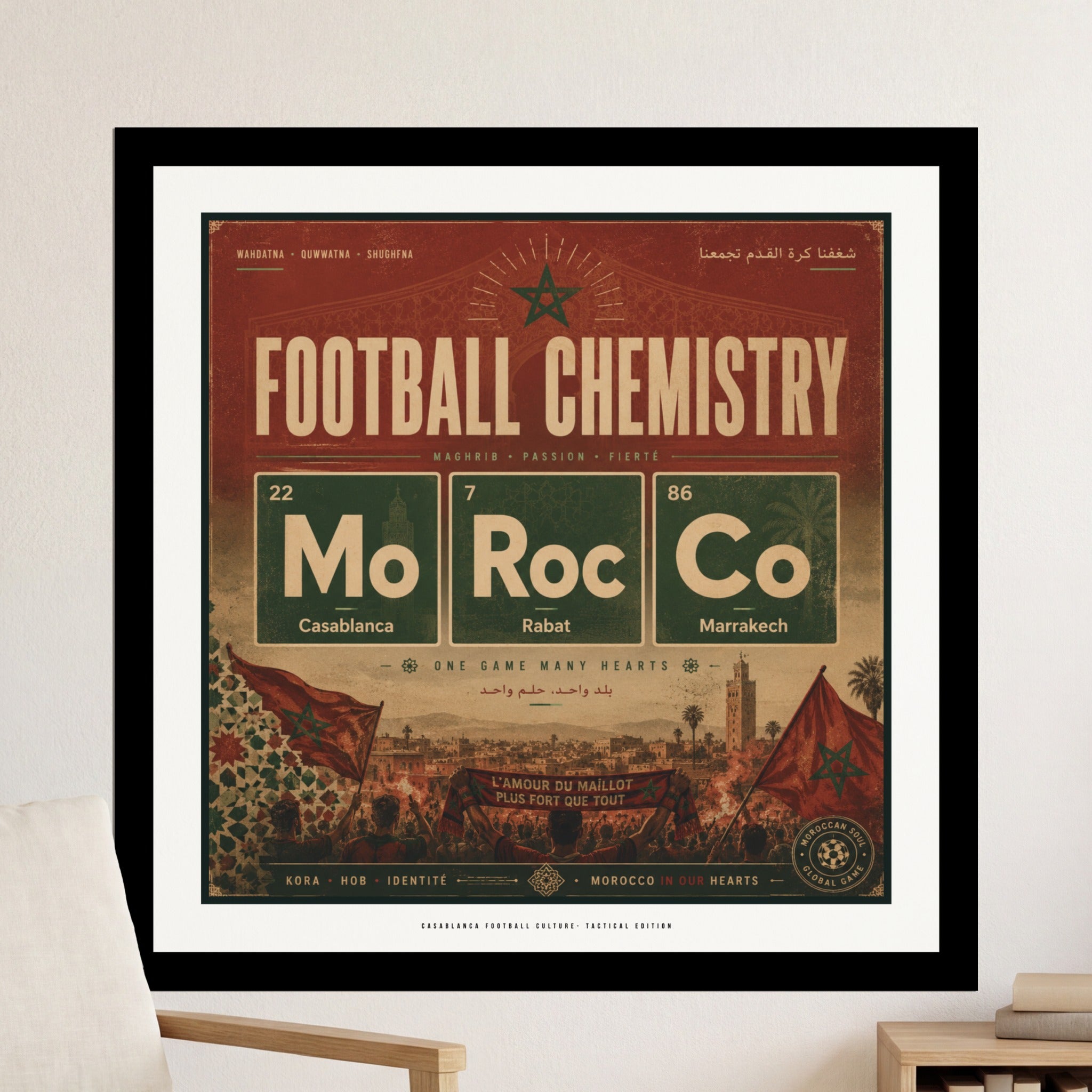 Football Chemistry poster with Morocco flags and city names.