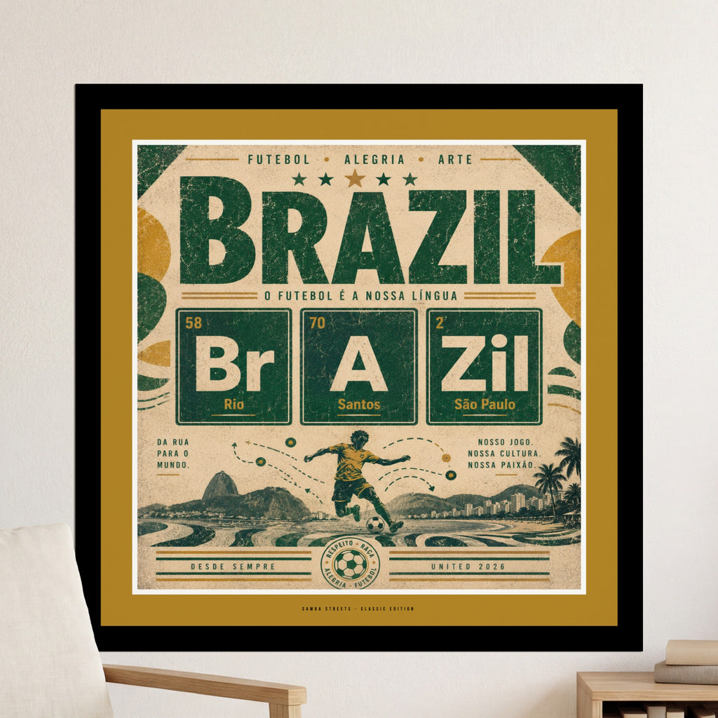 Brazil map with soccer player, text "Brazil," "Rio," "Santos," and "São Paulo."