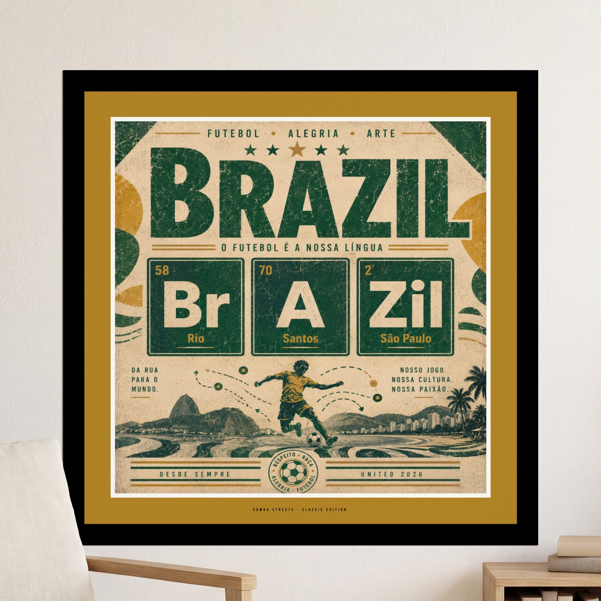 Brazil map with soccer player, text "Brazil," "Rio," "Santos," and "São Paulo."