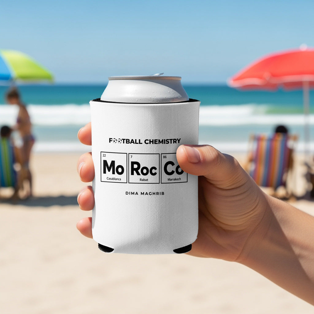White can cooler with "Football Chemistry" design, featuring city names and elements.