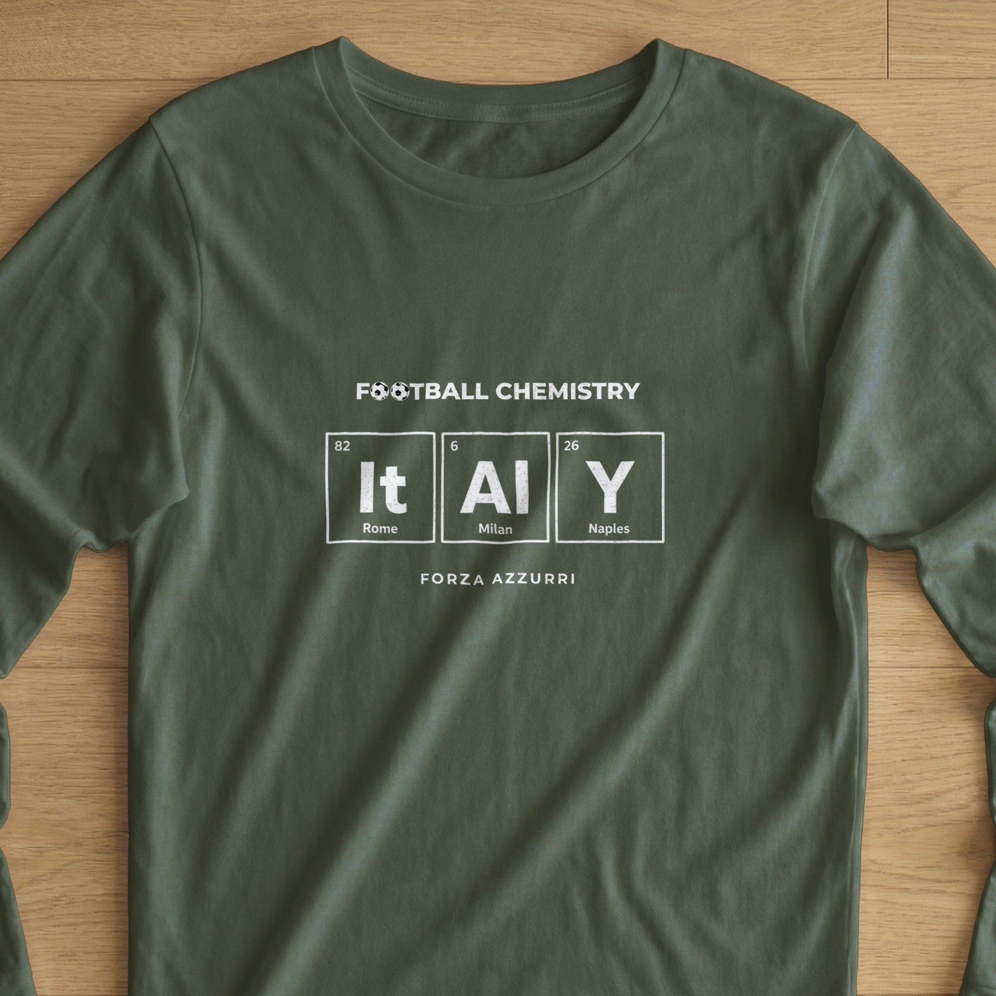 Green t-shirt with "Football Chemistry" and periodic table elements spelling Italy.