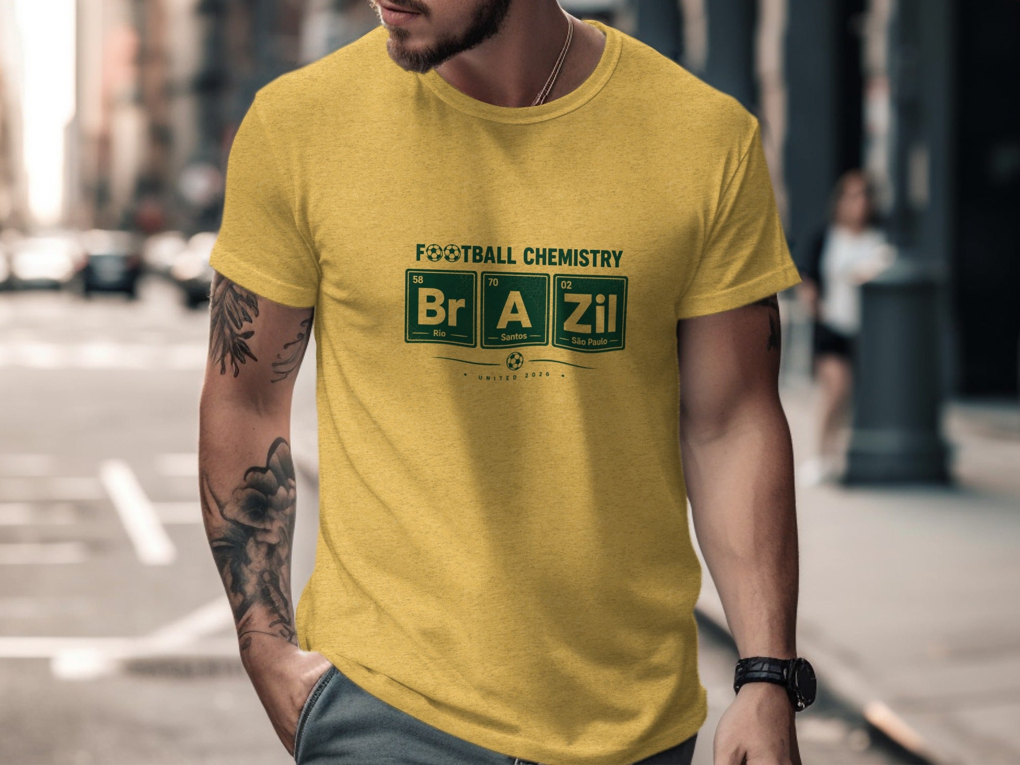 Yellow t-shirt with "FOOTBALL CHEMISTRY" and periodic table elements spelling "Bra Zil".