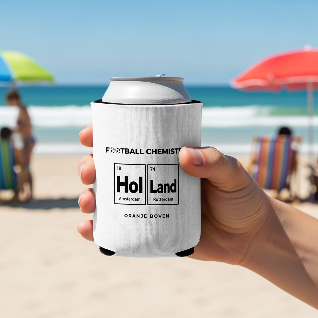 White can cooler with "Hol Land" and "ORANJE BOVEN" text held on a beach.