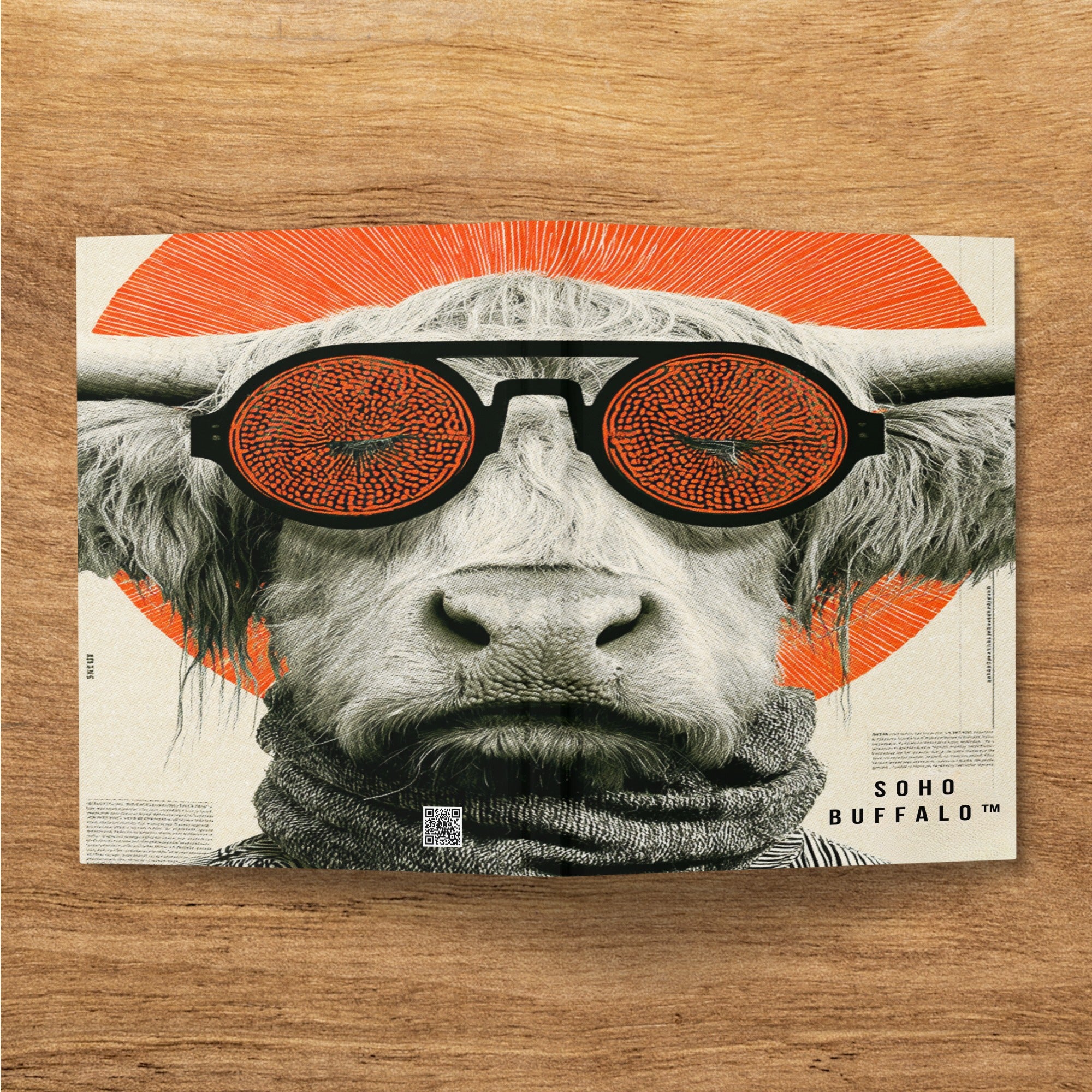 Cow wearing sunglasses and scarf, with "SOHO BUFFALO" text.