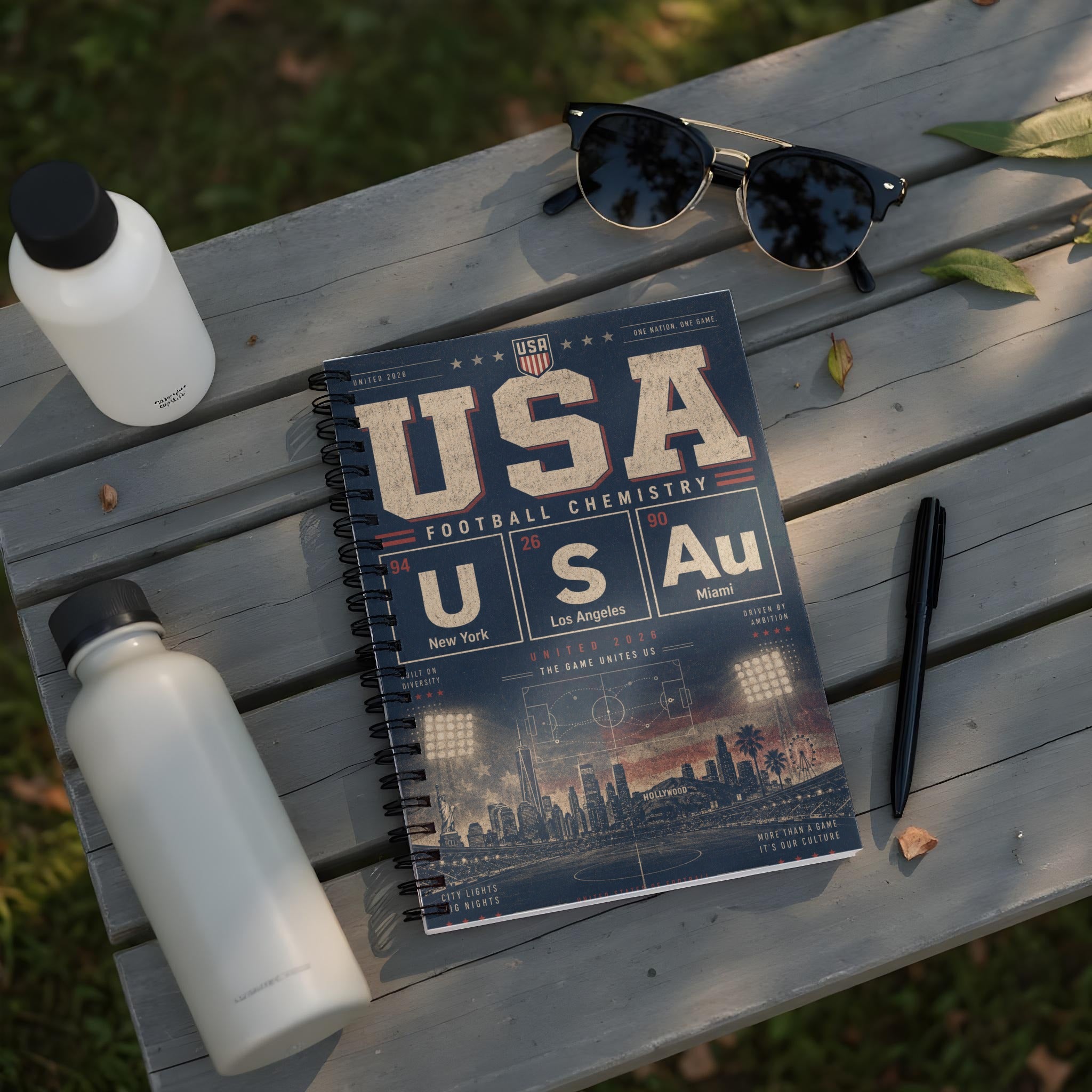 Spiral notebook with "Football Chemistry USA" title and US cities.
