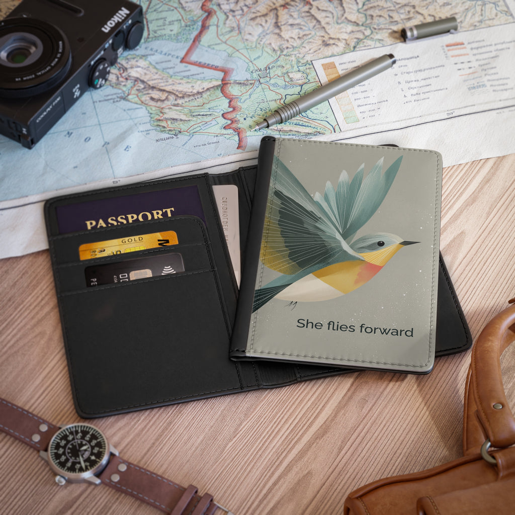 She Flies Forward Passport Holder | Motivational Graphic Quiet Lift