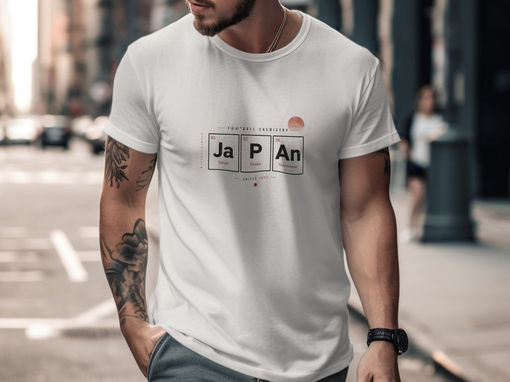 White t-shirt with "JAPAN" in periodic table style and a circular graphic.