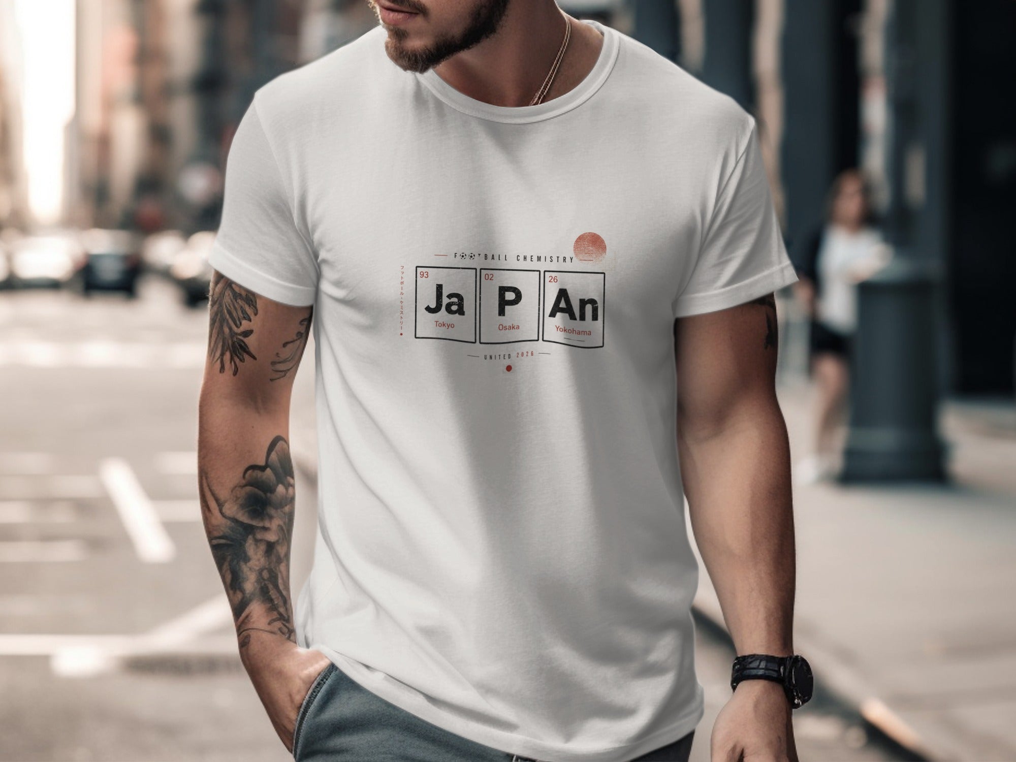 White t-shirt with "JAPAN" in periodic table style and a circular graphic.