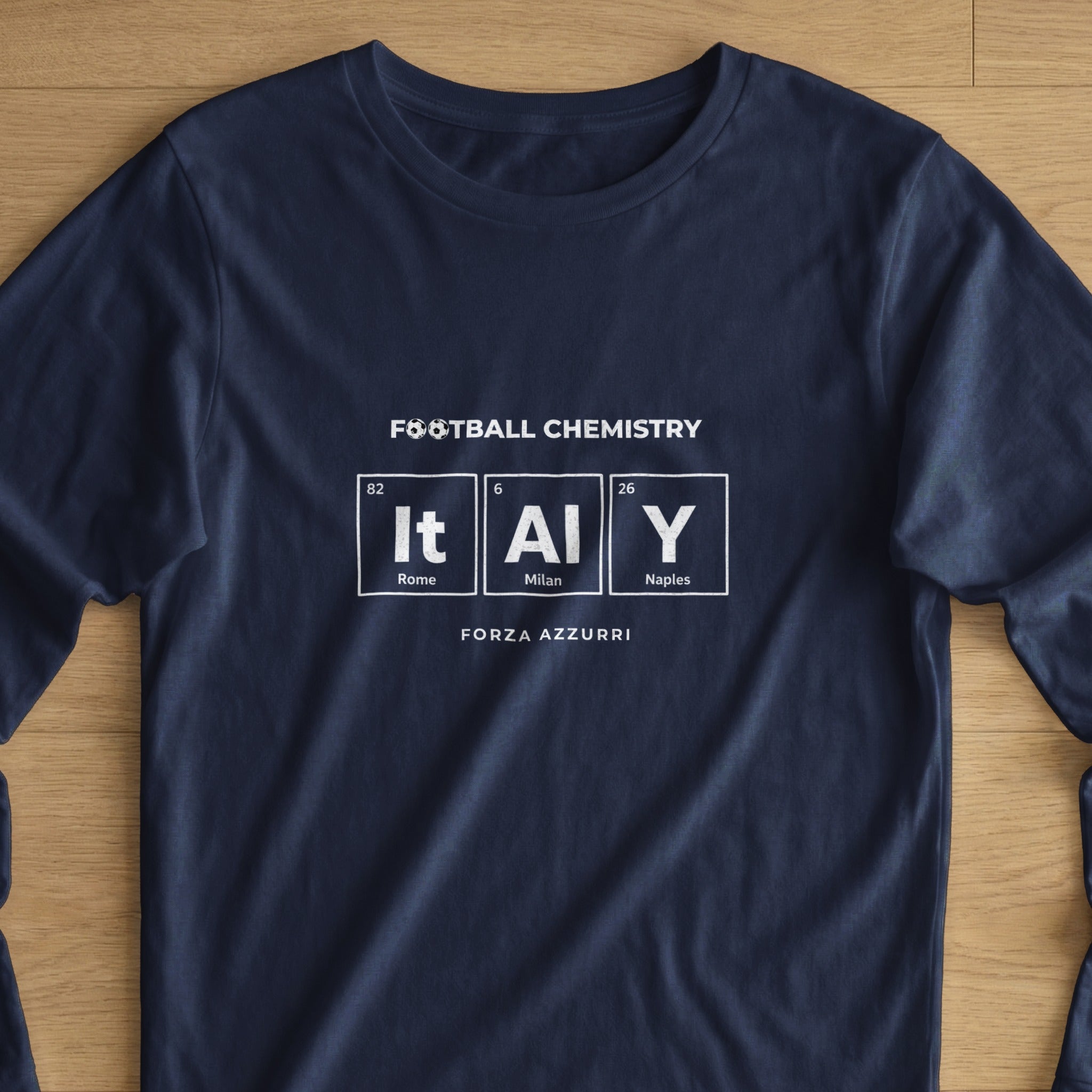 Navy t-shirt with "Football Chemistry" and periodic table elements for Italy.