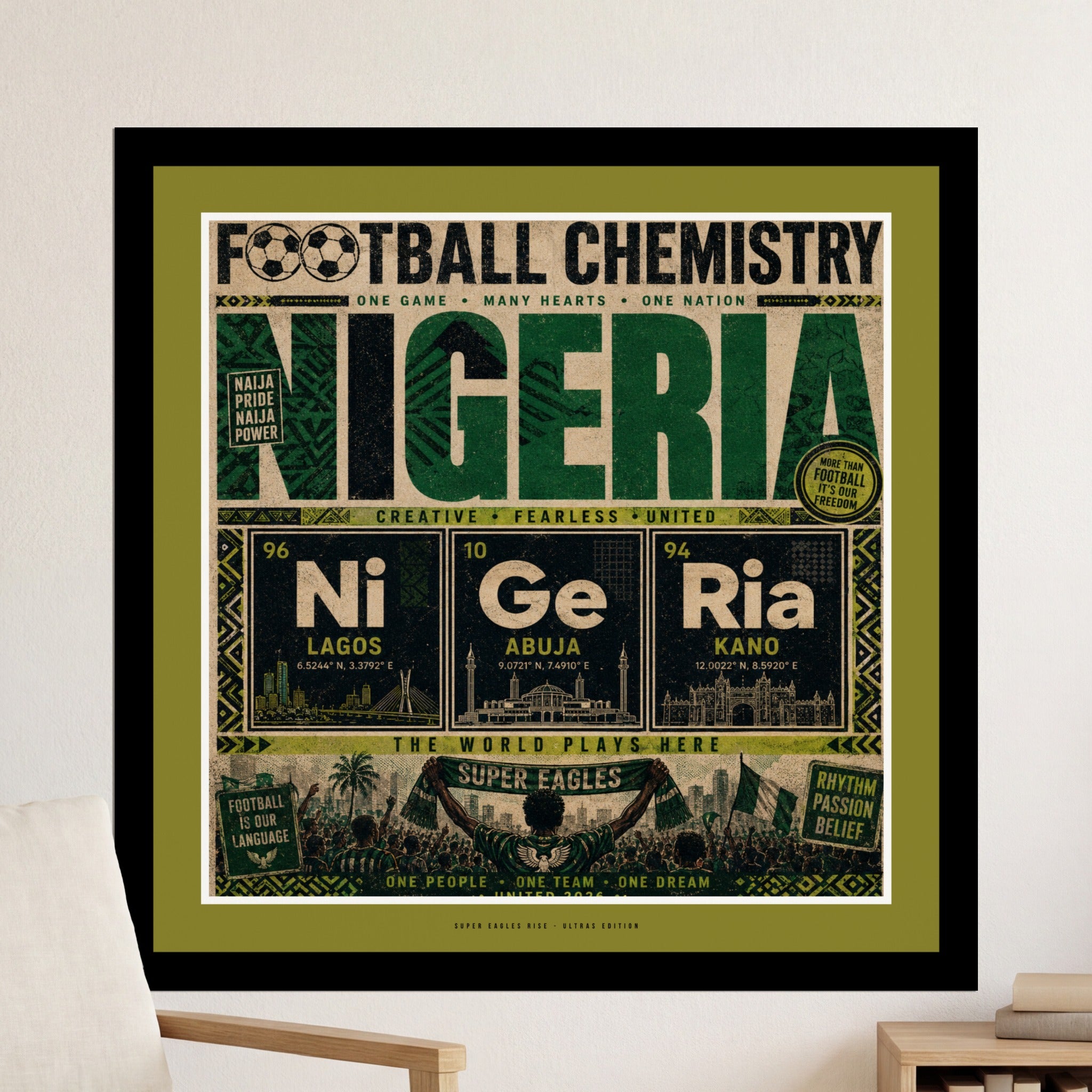 Nigeria football chemistry poster with Lagos, Abuja, Kano, and Super Eagles.