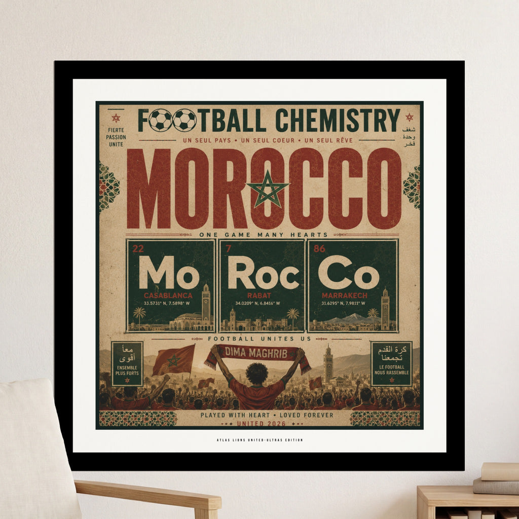 Morocco football chemistry graphic with city names, coordinates, and Arabic/French text.