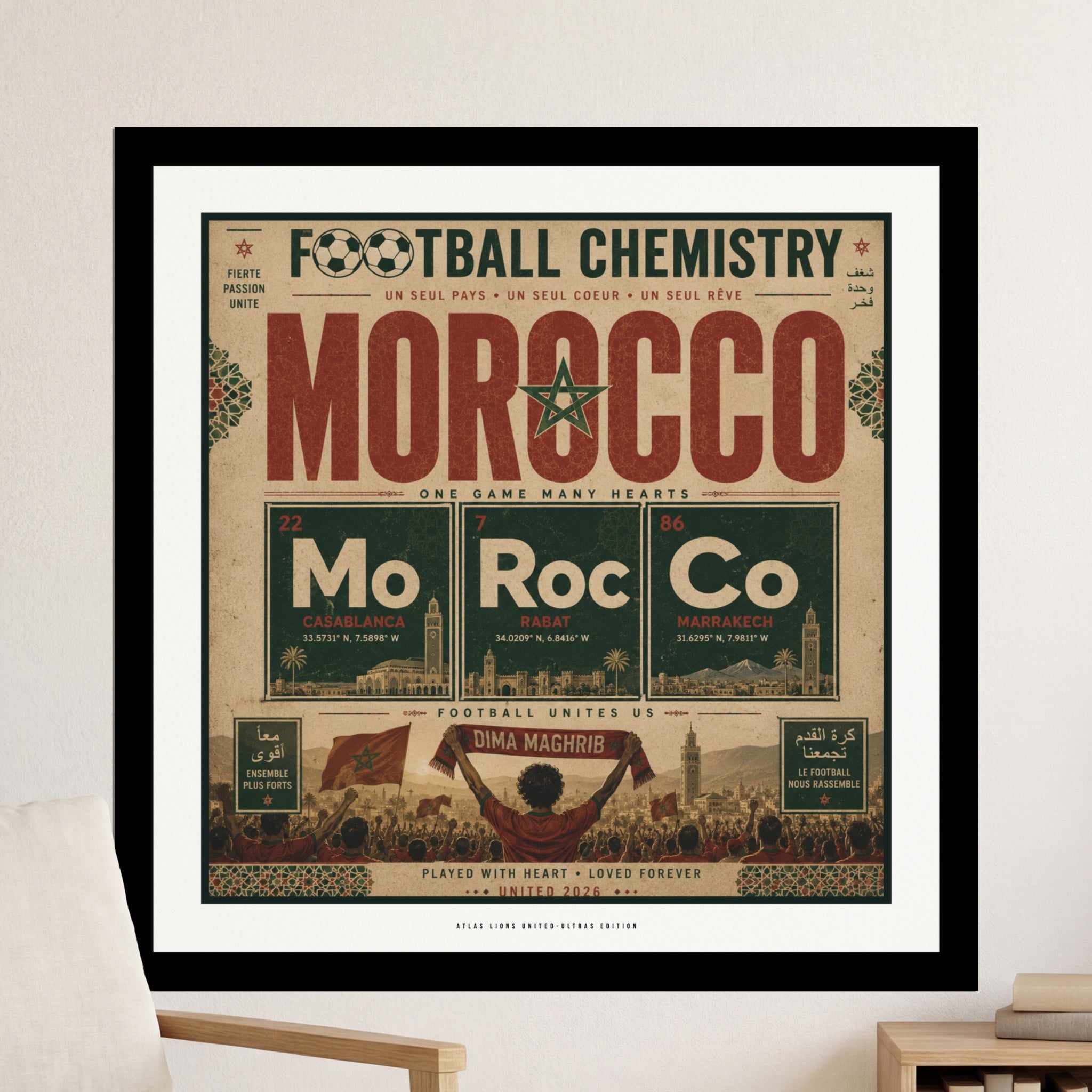 Morocco football chemistry graphic with city names, coordinates, and Arabic/French text.