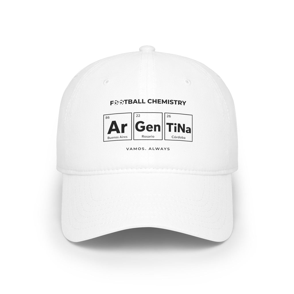 White baseball cap with "Football Chemistry" and elements Ar, Gen, TiNa.
