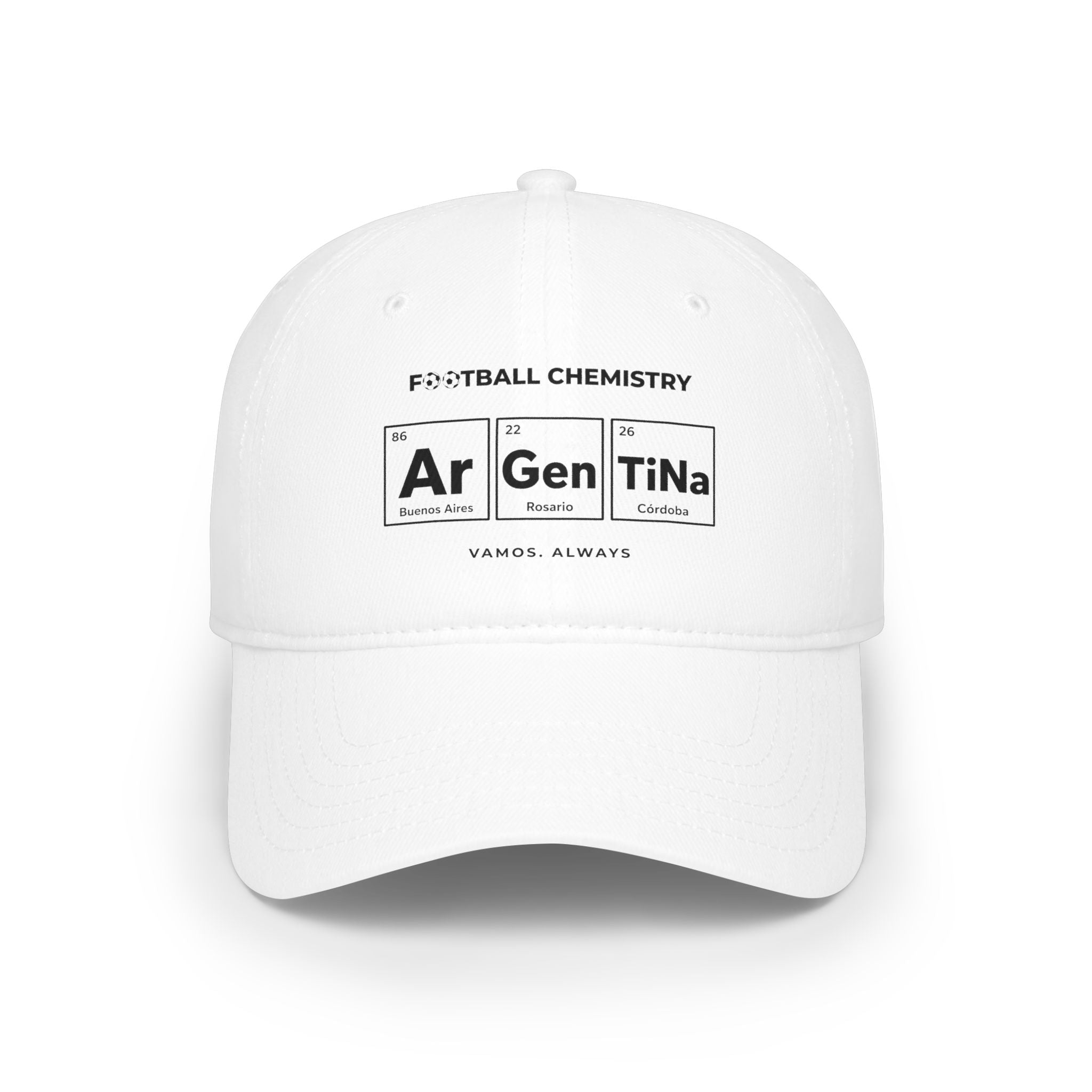 White baseball cap with "Football Chemistry" and elements Ar, Gen, TiNa.