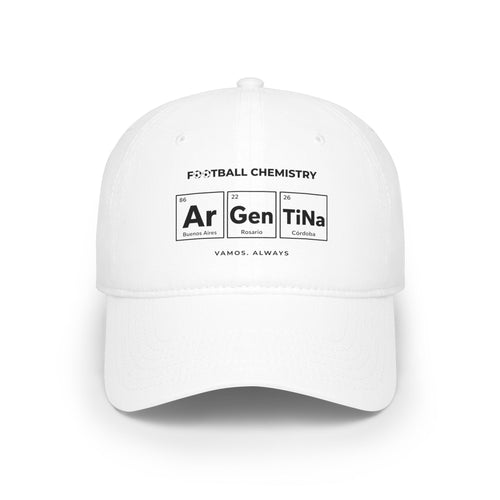 White baseball cap with "Football Chemistry" and elements Ar, Gen, TiNa.