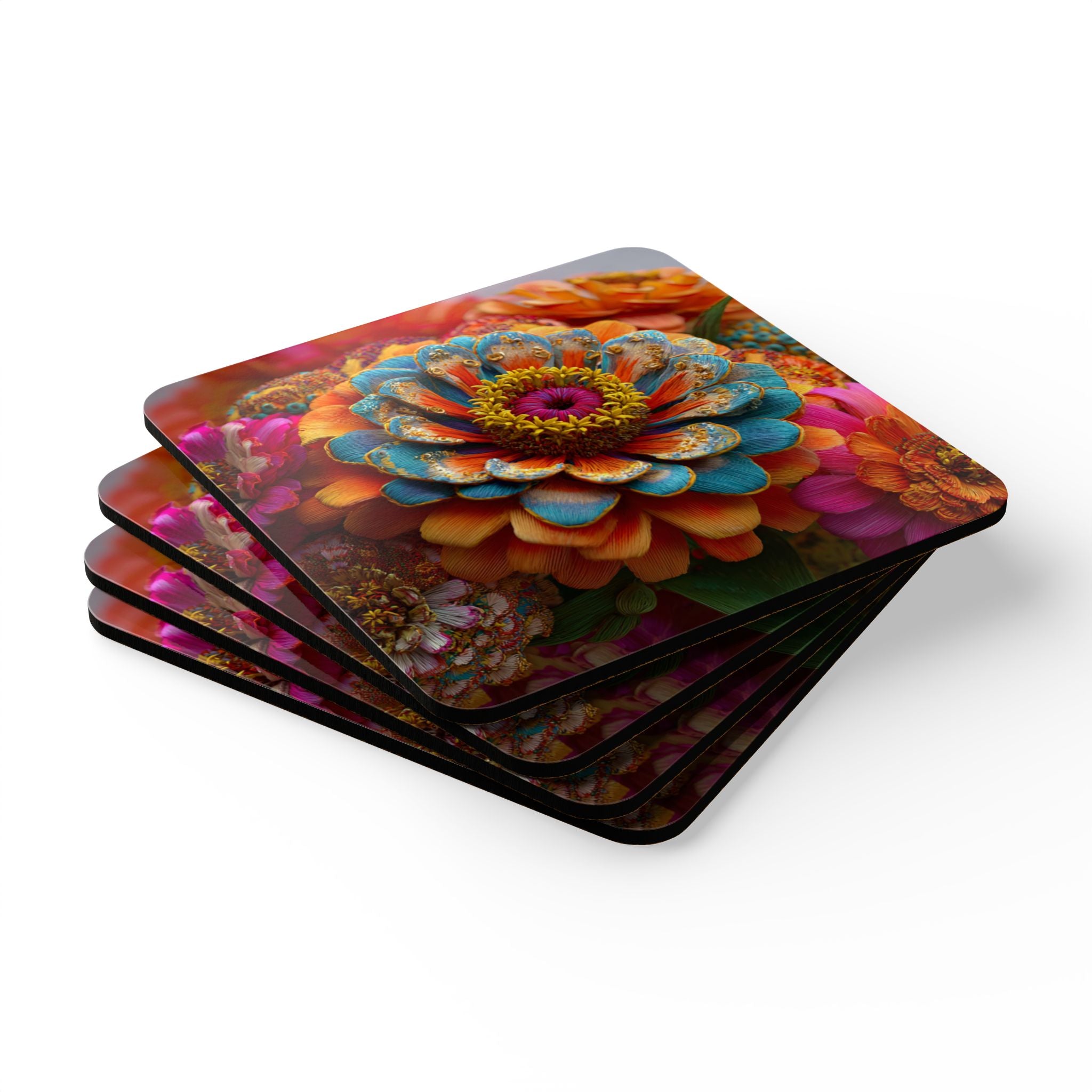 Zinnia Burst Cork Coasters - 3D Embroidery-Style Botanical Coasters motivational design