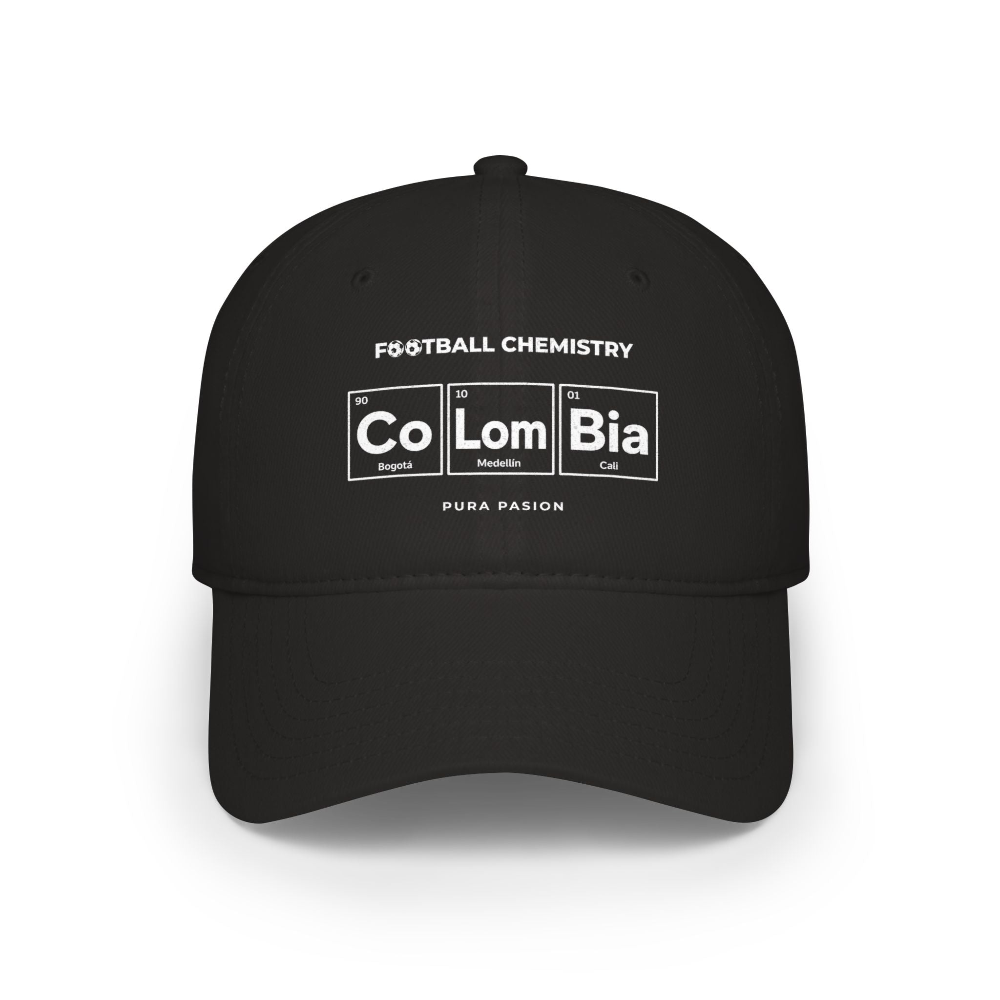 Black baseball cap with "Football Chemistry" and "Colombia" in periodic table style.