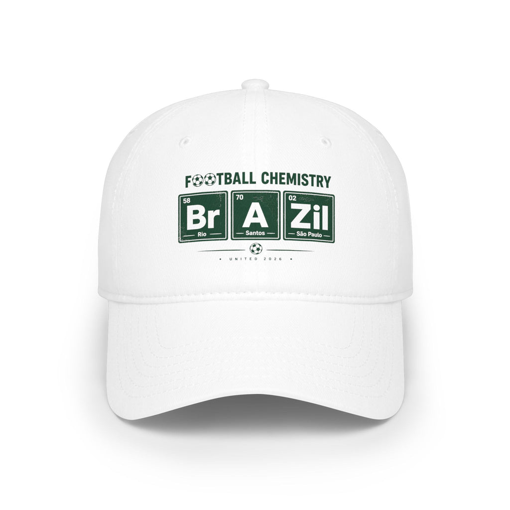 White baseball cap with "Football Chemistry" and "Brazil" in periodic table style.