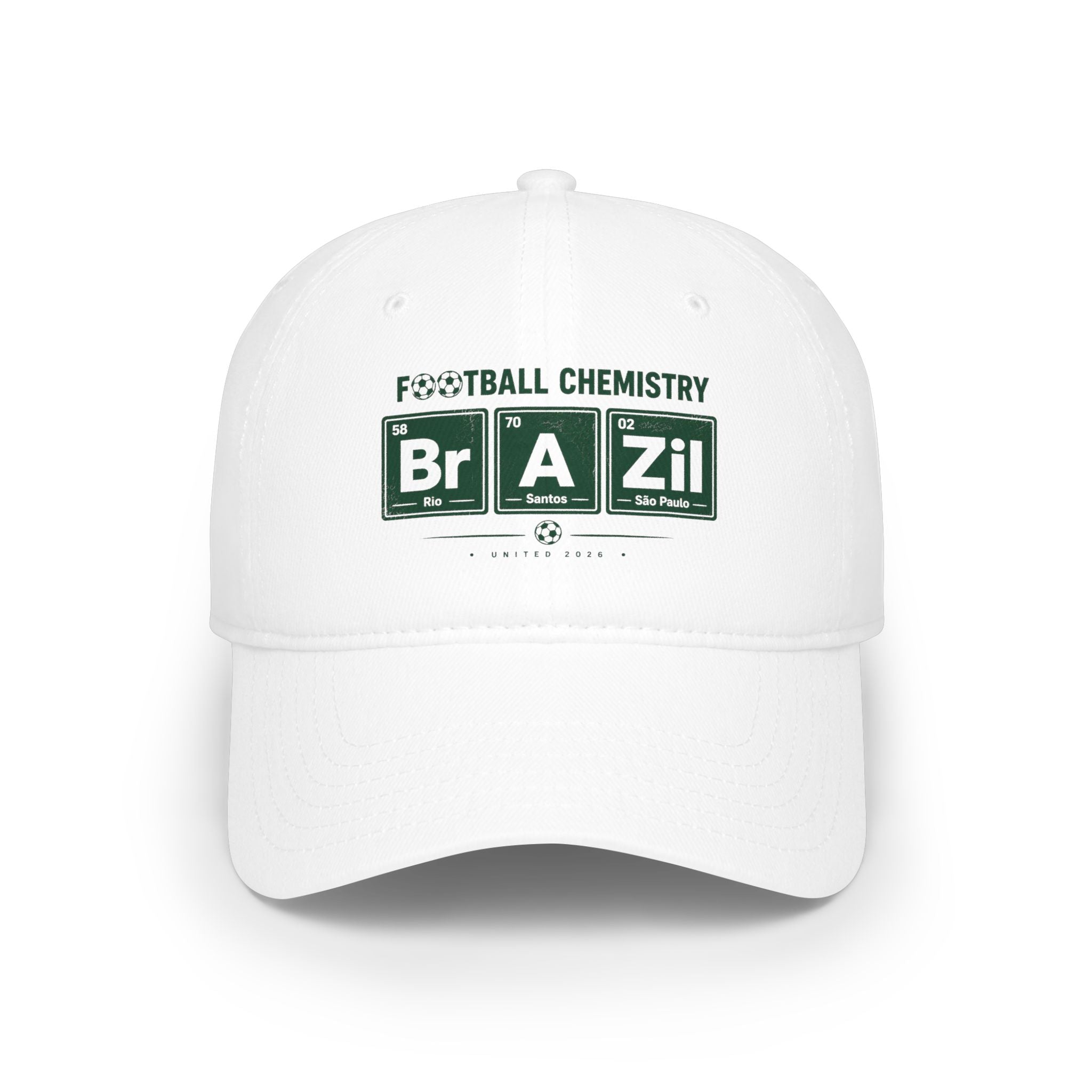 White baseball cap with "Football Chemistry" and "Brazil" in periodic table style.