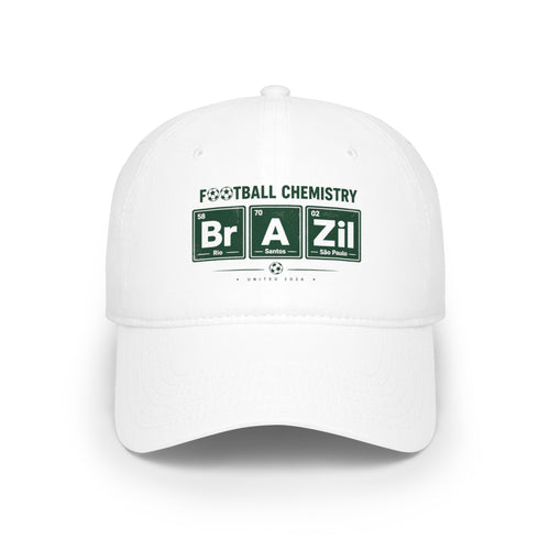 White baseball cap with "Football Chemistry" and "Brazil" in periodic table style.