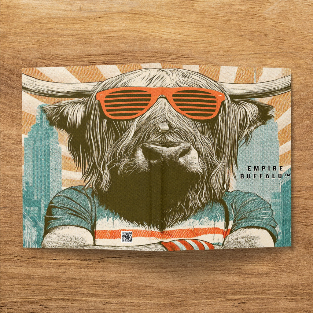Highland cow wearing sunglasses and striped shirt, with "EMPIRE BUFFALO" text.