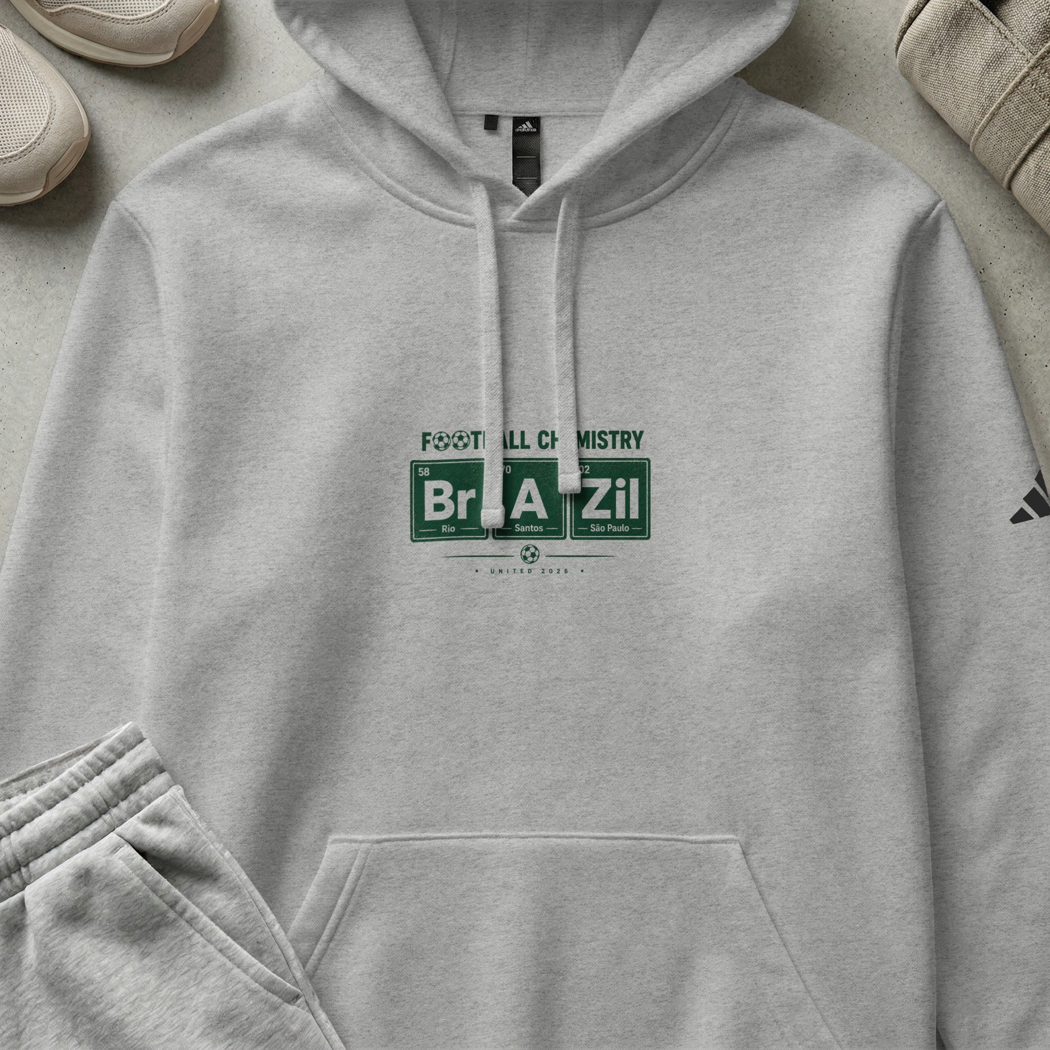 Grey Adidas hoodie with "Football Chemistry Brazil" text and soccer team logo.