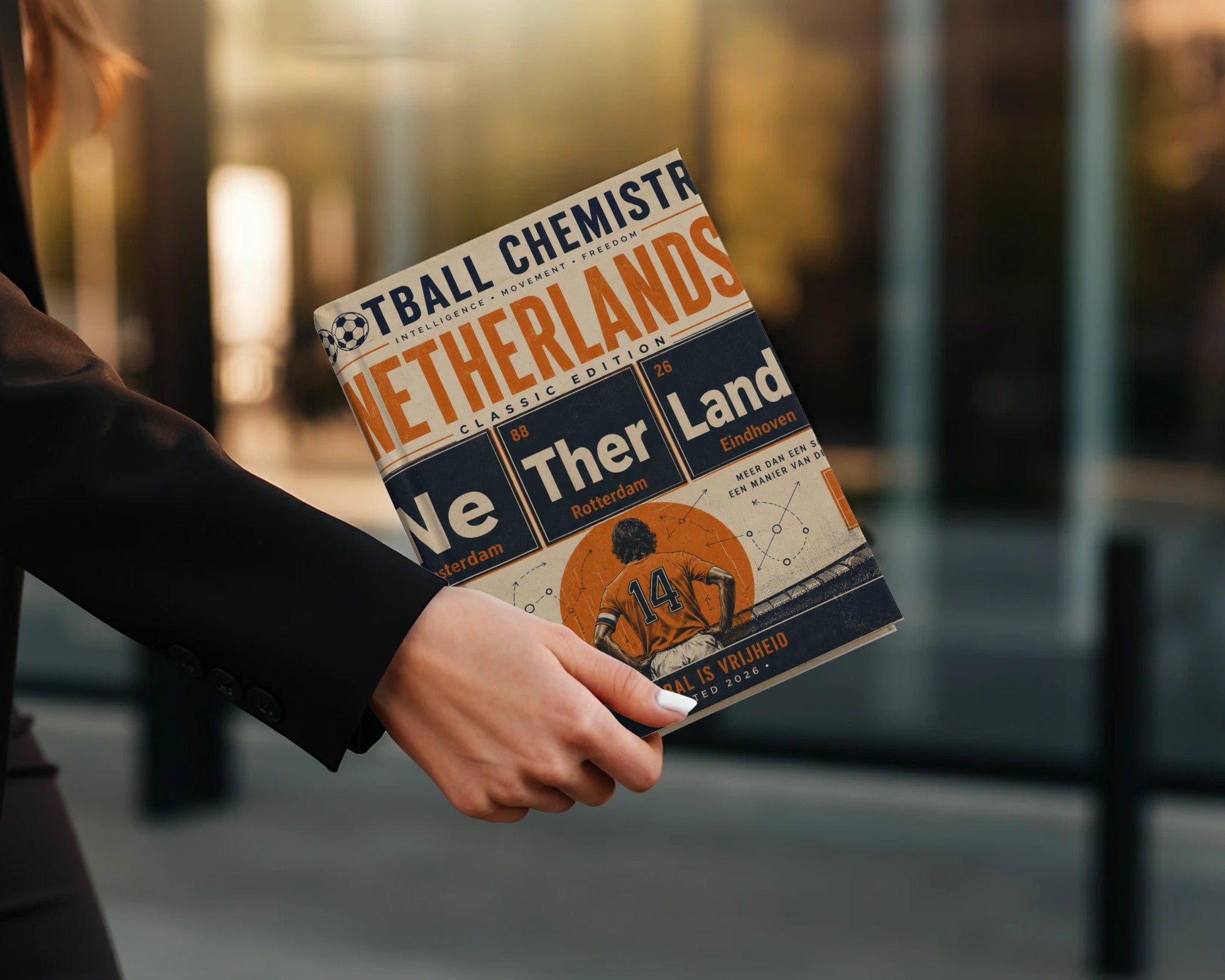 Magazine cover titled "Football Chemistry Netherlands" with city names and player number 14.