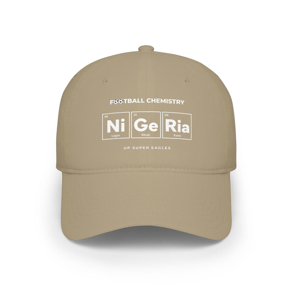 Tan baseball cap with "FOOTBALL CHEMISTRY" and "Ni Ge Ria" text.