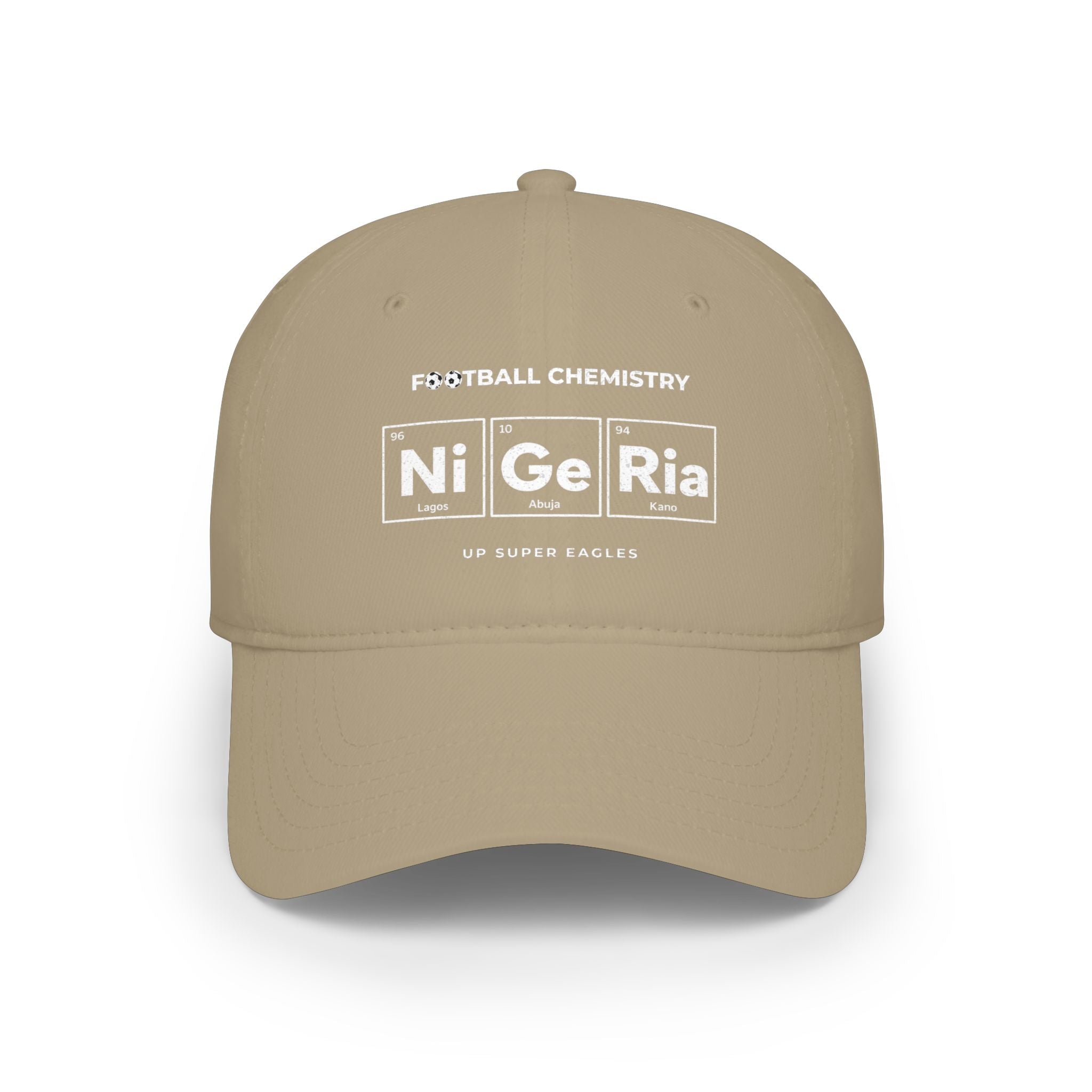 Tan baseball cap with "FOOTBALL CHEMISTRY" and "Ni Ge Ria" text.