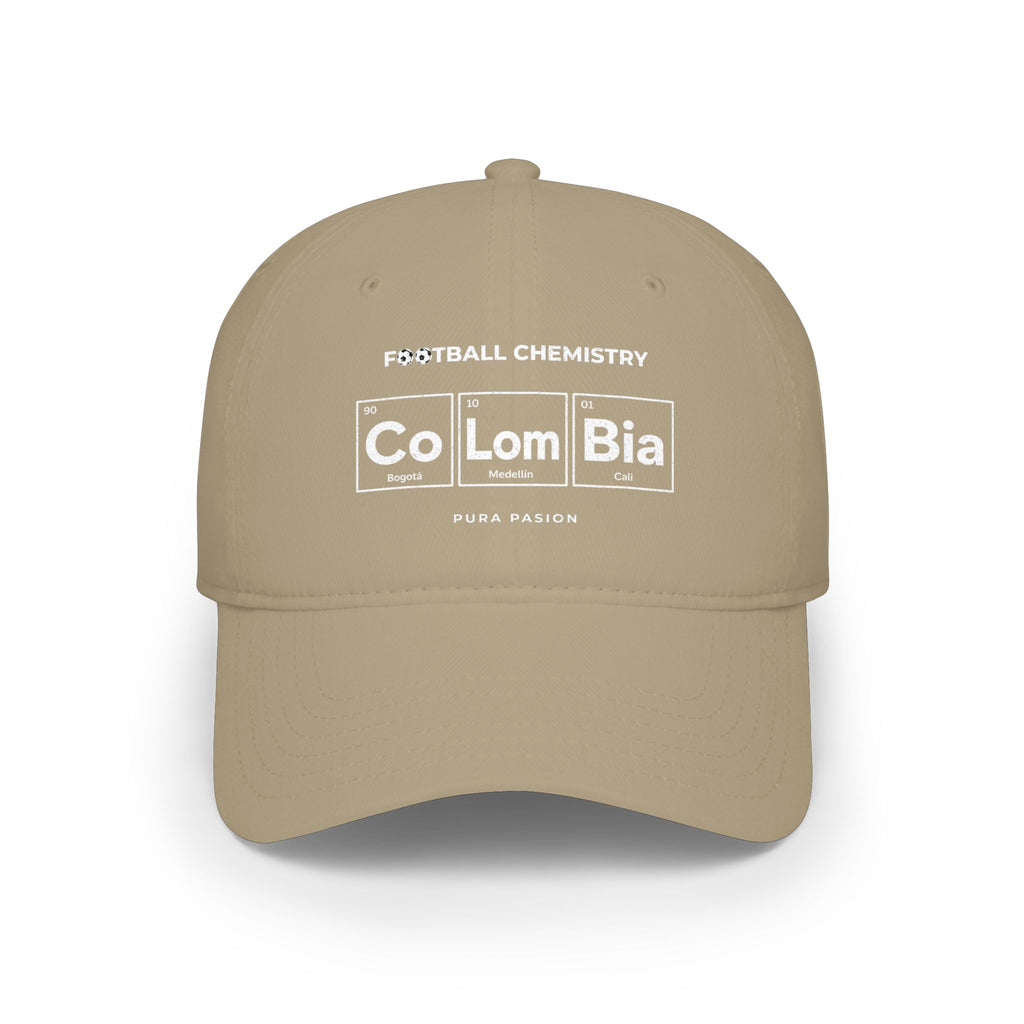 Tan baseball cap with "Football Chemistry Colombia" and "Pura Pasion" text.