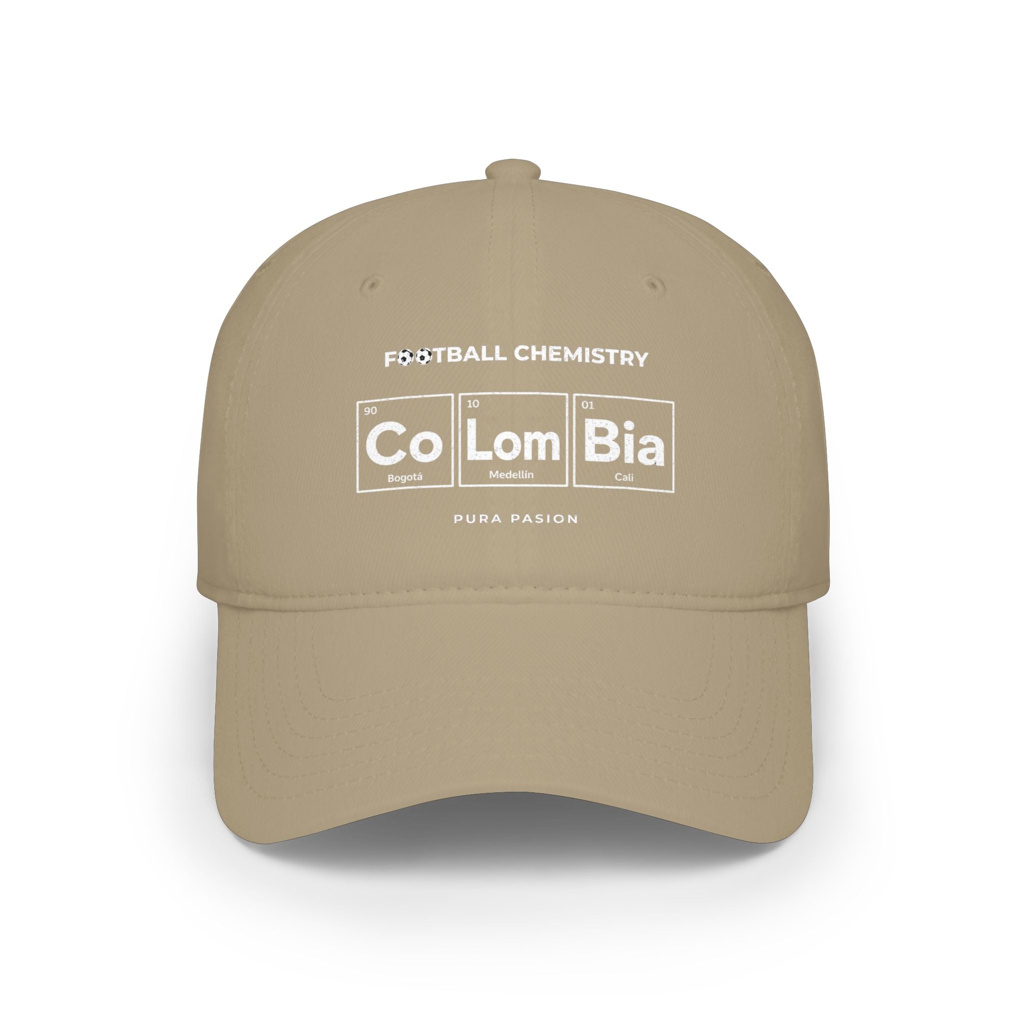 Tan baseball cap with "Football Chemistry Colombia" and "Pura Pasion" text.