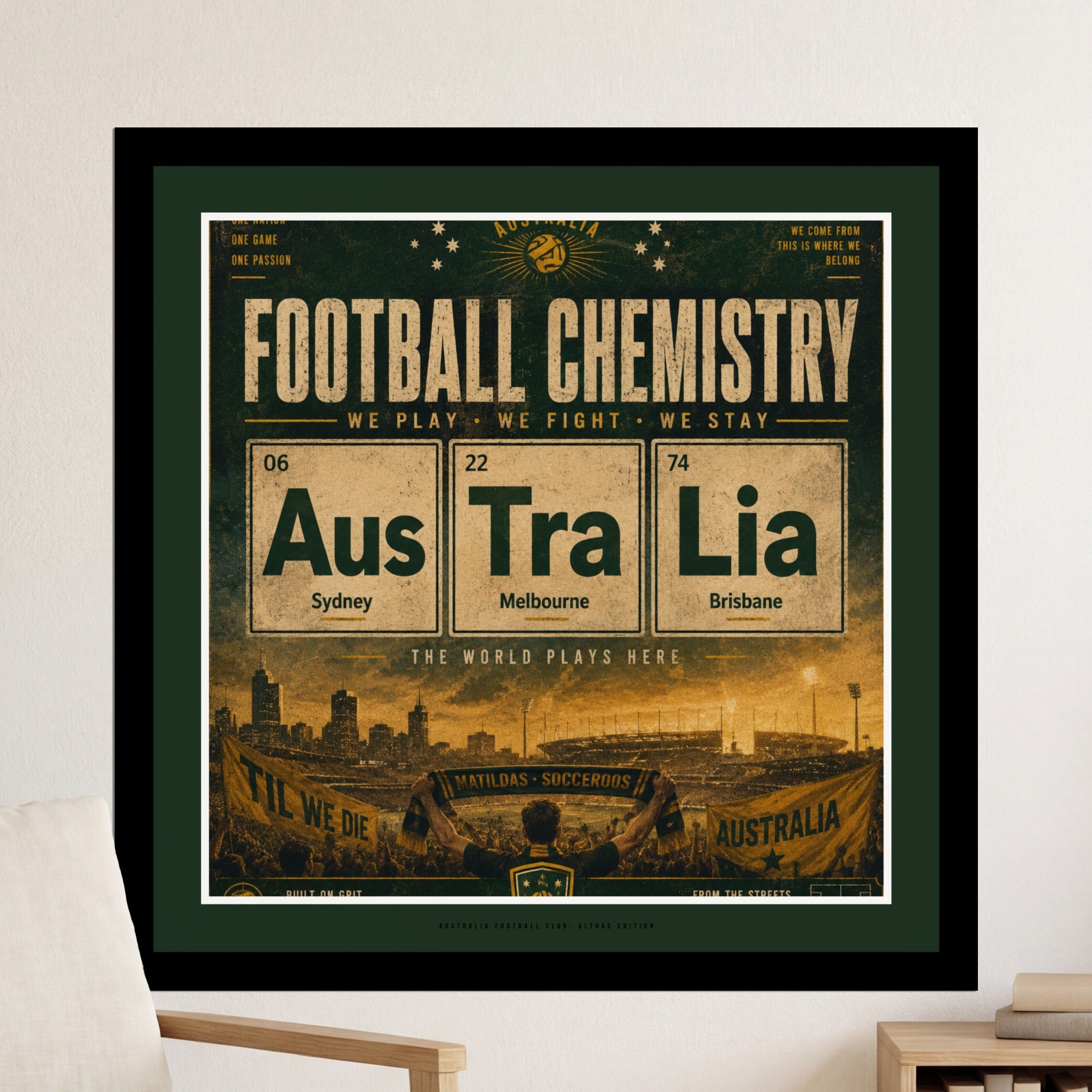 Football Chemistry periodic table design with Sydney, Melbourne, and Brisbane team names.